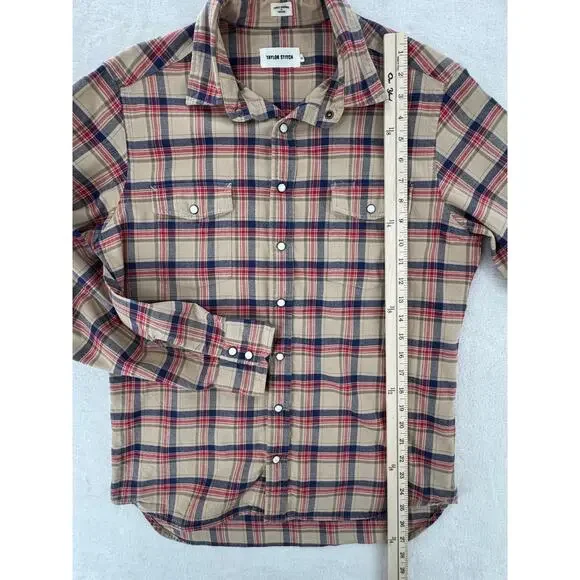Taylor Stitch Shirt Glacier Pearl Snap Western Flannel Beige Red Navy Cotton L - Picture 5 of 6
